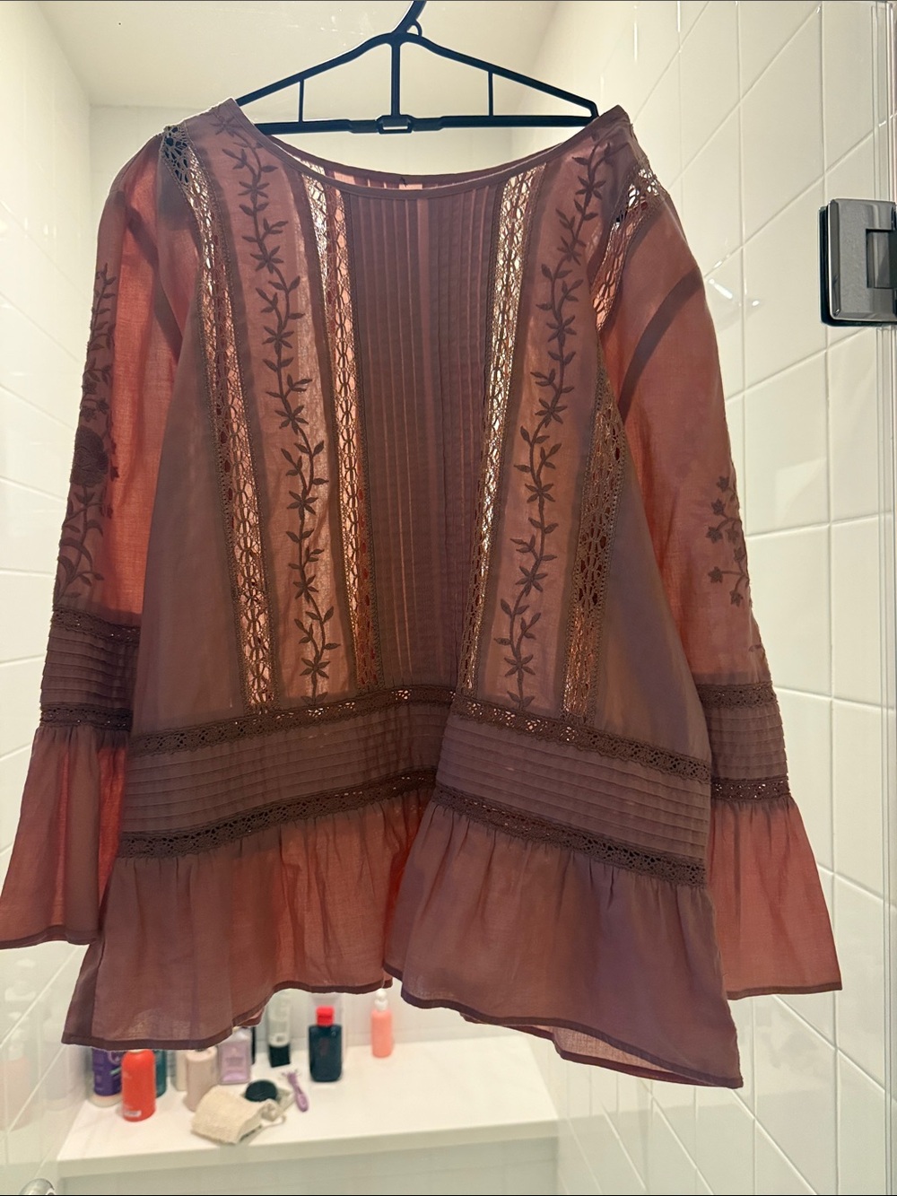 Veronica Beard Sheer Embroidered Blouse - Rust Brown